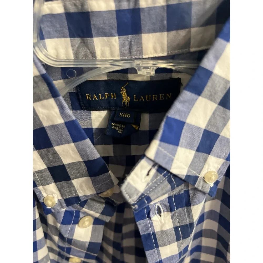 Boys Ralph Lauren blue  Lwhite Plaid long sleeve size Small‎ 8